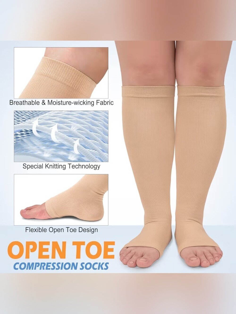 🆕️3X OPEN TOE PLUS SIZE COMPRESSION KNEE HIGH SOCKS - BEIGE 20-30mmHg